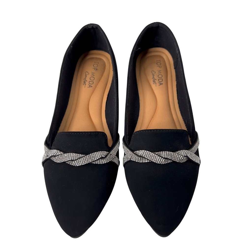 Top Moda Comfort Women Black Pointed‎ Toe Rhinestone Braided Strap Flats Size 6